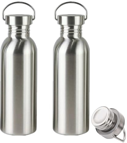 LyyGuanYoo 2 Pack 18/8 Stainless Steel Water Bottle, 26OZ Single Wall Sports Water Bottle for Camping Picnic, Metal Sports Kettle with Handle for Runners, Hikers, Cyclists