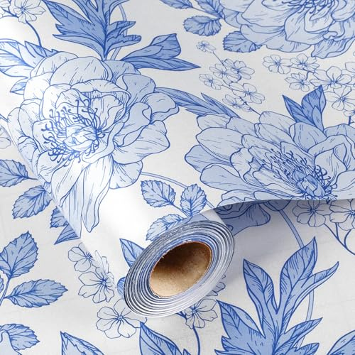 Wikadlik Flower Gift Wrapping Paper Roll - 43cm x 10m - Blue White Pearly Luster Floral Thick Packing Paper for Wedding, Anniversary, Party, Birthday