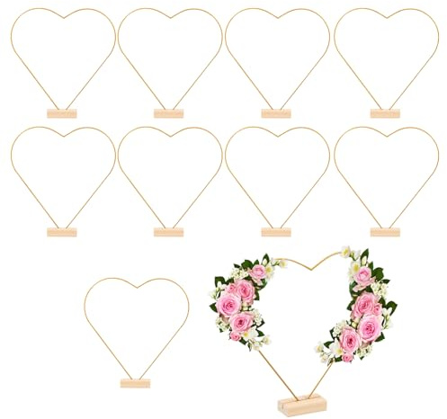 10 st 25 cm gyllene metallblomring med 10 trästöd, hjärtformade kronringar, bröllopsblommig ringdekoration för krona DIY blommig ring, julkrans