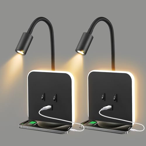 Lampada da Lettura LED 3W + 9W 3000K, Lampada da Parete con Porte USB e Vassoio per Telefono Faretto, faretto da Lettura a Muro Luce Ambientale Regolabile e Flessibile per Camera(Schwarz, 2 Stück)