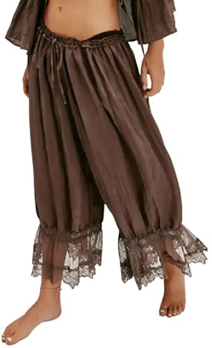 Minetom Capri Pantalon De Pyjama Femme Été Léger Victoriens Y2K Pantacourt Ample Vintage À La Maison Culotte Bouffantes Renaissance avec Dentelle A Marron M