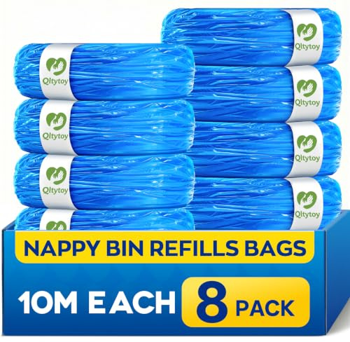 Qltytoy 8 Pack Nappy Bin Refill Bags,10M Each Nappy Bags 7-layer&Anti-Odor