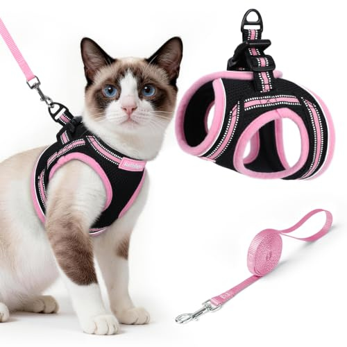 rabbitgoo Cat Harness and Leash Set for Walking Escape Proof, Adjustable Soft Kittens Vest with Reflective Strip for Cats, Comfortable Outdoor Vest, Black & Pink, L