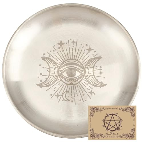 CREATCABIN Piatto Rituale per Altare degli Occhi Piatto Acciaio Inossidabile Ciotola Rotonda Argento Vassoio per Gioielli Ciotola per Offerte Tarocchi Piatto per Candele Portaoggetti 14x14cm