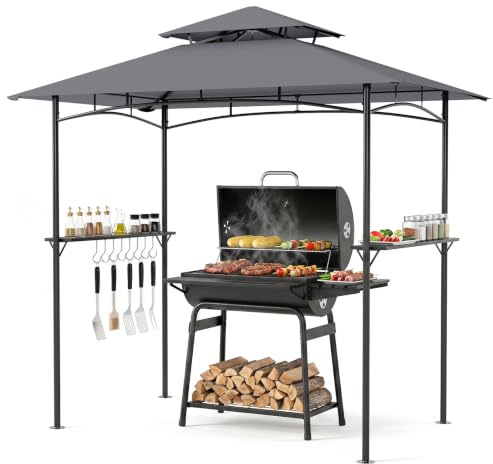 COSTWAY Tonnelle de Barbecue, Abri Barbecue avec Double Toit Imperméable, 2 Tablettes Métal, Cadre Thermolaqué, 8 Crochets Supérieurs, Cazebo Jardin pour BBQ, Fêtes, Pique-niques