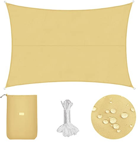 Sekey Sonnensegel Wasserdicht 3x4m Rechteckig PES Polyester, Sonnenschutz 95% UV Schutz Windschutz Reißfest Wetterfest, für Balkon Garten, mit Ösen und Befestigungsseile, Sand