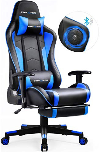 GTPLAYER Gaming Stuhl mit Fußstützen Bluetooth Lautsprecher Musik Stuhl Ergonomischer Computerstuhl Schreibtischstuhl Blau