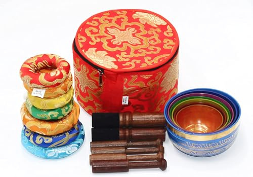 Sanskar Nepal - Tibetan Singing Bowl Set of 7, Handmade Singing Bowl for Meditation & Holistic Healing, Yoga Accessories, 3-5 Multicolored Singing Bowls with Wooden Striker, Cushion & Red Carry Box