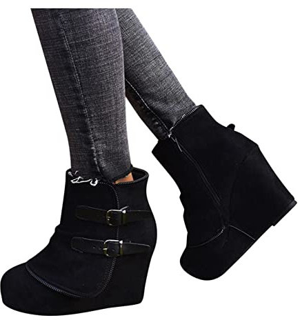 Hbeylia High Heels Boots for Women Boho Vintage Double Metal Buckle Suede Round Toe Platform Wedge Chunky Heels Ankle Booties with Side Zipper Casual Wide Mid Calf Dress Short Boots for Wedding Party