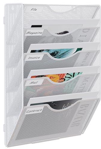 EasyPAG 5 Compartimento Metal Montar A4 Soporte Documentos Pared Oficina Archivador de Pared Organizador Revistas Correo Pared Almacenamiento Archivos Revistero,Blanco