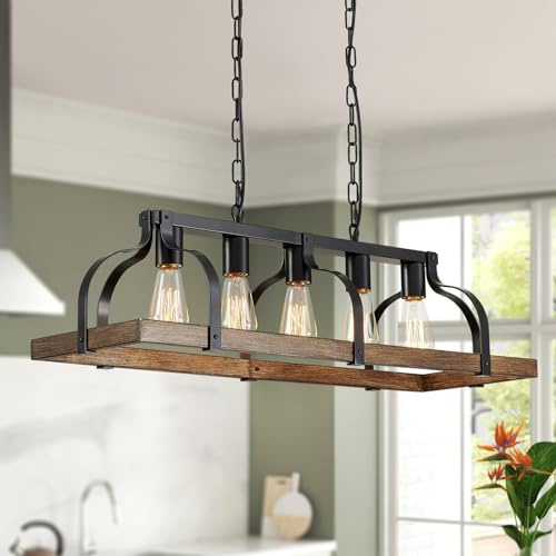 WUZUPS 5-Light Metal Chandelier Imitation Wood Grain Linear Pendant Ceiling Lighting Rustic Farmhouse Fixture Kitchen Island Dining Room, H 8.5 L 31.5 W10, E26 Base, Black & Retro Wood