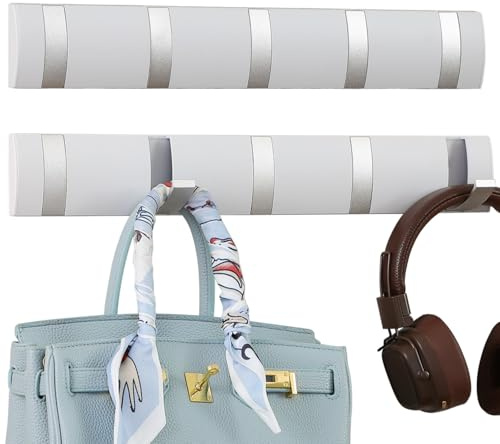 Cehold 2 Pack Foldable Stylish Modern Hook Rack with 5 Hooks, Coat Hooks Wall Mount, Metal Coat Hook Rail for Coat Hat Towel Purse Robes Mudroom Bathroom Entryway (White and Silver)