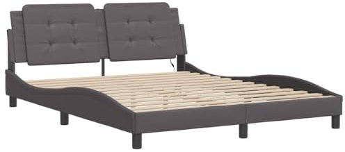 vidaXL Faux Leather LED Bed Frame - Grey Double Bed 160x200 cm - Plywood Slats, Modern Waved Design, Back Support Cushion