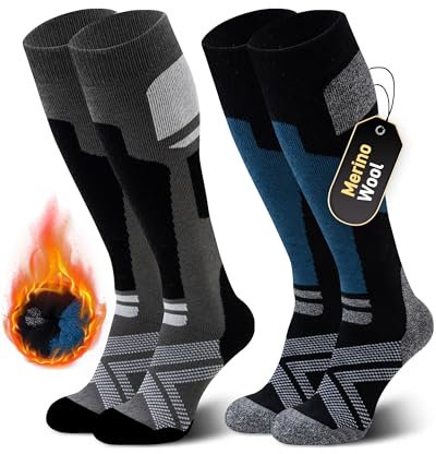 Niorasen Merino Wool Ski Socks Men Unisex, 2 Pairs Thermal Knee-High Socks for Winter, Full Cushion Thick Socks, Skiing, Snowboarding, Outdoor Sports, Hunting, Hiking, Black/Dark Blue 2 Pairs, UK 9-15