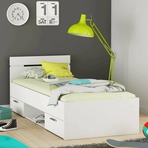 Dmora - Letto Singolo Buech, Sommier per Camera da Letto, Giroletto per Stanza, Struttura Porta Materasso, 200x90 h74 cm, Bianco Opaco