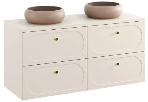 Lomadox Badezimmer Doppelwaschtisch 120 cm in sandbeige mit 2 Aufsatzwaschbecken, hängend mit goldenen Knopfgriffen, 4 Schubladen