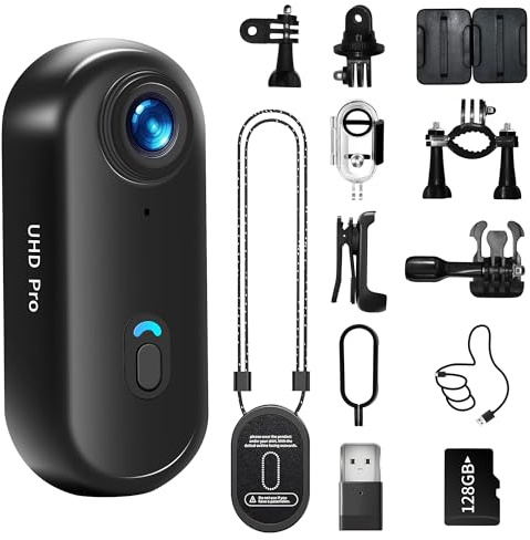 Asdanalili 4K Action Camera, 128GB Wearable Sports Camera with Waterproof Case, Magnetic Clip, and Quick-Mount Accessories, Small Body Cam for Cycling, Diving, Travel, and Outdoor Adventures（4K-128G）