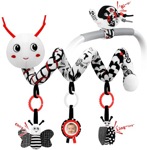 Asiento de coche en espiral, juguetes para bebés de 0 a 6 meses, juguetes sensoriales de actividad de alto contraste negro y blanco con sonajeros de muñeca, accesorios colgantes para cochecito