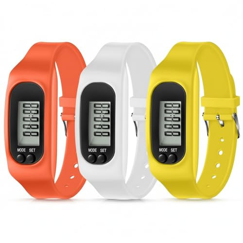 Kenning Silicone Fitness Tracker Watch 3 Pcs Walking Running Pedometer Calorie Burning and Step Counting Bracelet Steps Pedometer Watch for Walking Men Women Kids (Orange,Yellow,White)