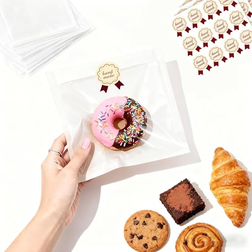 200 Pack Heat Sealable Bakery Bags with Window, 7.1x7.5 Inch Kraft Paper Cookie Bags, Grease Resistant Pastry Sleeves for Donut, Sandwich, Cake Slice, Bagel & Treat Packaging