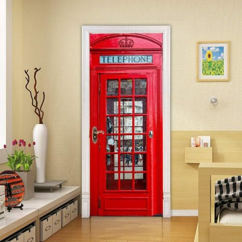 TACOKI Adesivi per Porte Cabina Telefonica Rossa Londra Adesivo Porta Autoadesiva Sticker Murale Carta da Parati Decorazione Parete Soggiorno Camera da Letto Poster Parati 80x210 cm 8075z