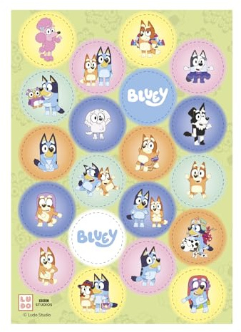 Dekora, Mini Discos de Oblea Comestibles Bluey, Decoración para Cupcakes y Galletas, Adornos para Fiestas Infantiles, Fácil de Usar, Sin Gluten, Diseño Original, Pack 20 Unidades, 3,4 CM
