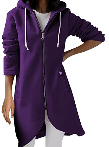 Huvtröja dam med dragkedja, lång fritidsskjorta kappa | Sweatjacka med huva streetwear långärmad tröja med dragsko enfärgad höst slip-jacka oversize termojacka
