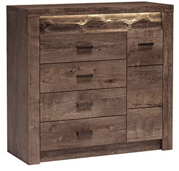 Mirjan24 Kommode Indiano I-17 mit 4 Schubladen, Anrichte, Highboard, Mehrzweckschrank, Wohnzimmer Schrank, Sideboard (Esche Dunkel, ohne Beleuchtung)