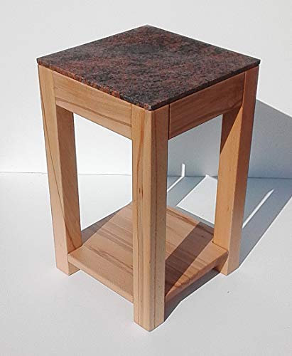 Martin Weddeling Taburete para flores, mesa auxiliar, madera de haya maciza, con estante + granito multicolor rojo. Dimensiones: 30 x 30 x 44 cm de alto.
