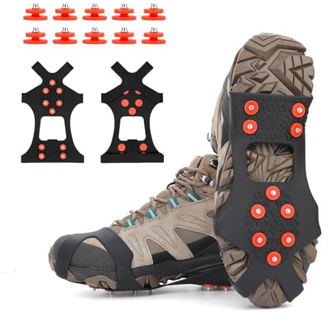 TBoonor Schuhspikes Schuhkrallen Ice Klampen Schnee Spikes Steigeisen Eiskrallen Anti Rutsch mit 10 (Orange Rot, M 35-40 (EU))