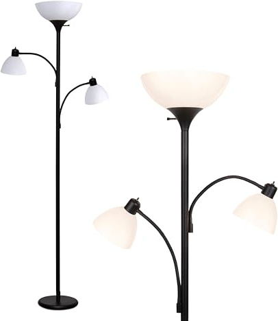 Brightech Sky Dome Double - Lámpara de pie Torchiere de alto brillo con 2 luces de lectura para salas de estar, dormitorios - Reemplace las lámparas de pie halógenas con iluminación LED de oficina