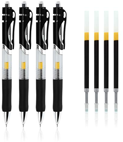 ISIYINER Stylo Encre Gel, Stylos Rollers à Encre Gel Rétractable Pointe Fine 0,5mm pour écrire des Notes à l'école et le bureau, 4 Stylos Gel et 4 Recharges de Stylo (Noir)