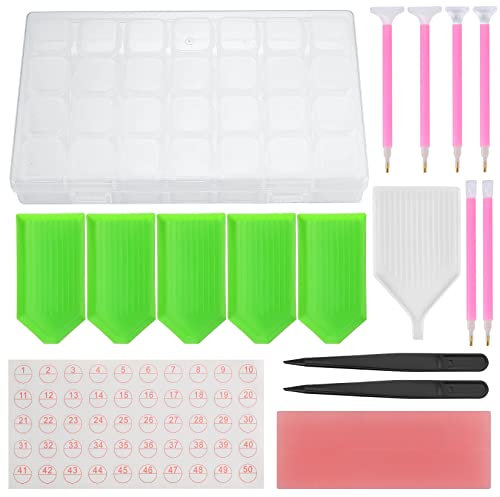 SZJYG 5D DIY Diamond Art Painting Accessories Kits Full, 24 Pcs Diamond Embroidery Art Pictures Crystal Full Kits with 28 Slots Box Tweezers Pens for Beads Crafting Accessories