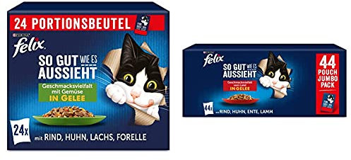 FELIX So gut wie es aussieht Katzenfutter nass in Gelee, Sorten-Mix, 4er Pack (4 x 24 Beutel à 85g) & So gut wie es aussieht Katzenfutter nass in Gelee, Sorten-Mix, 44er Pack (44 x 85g)