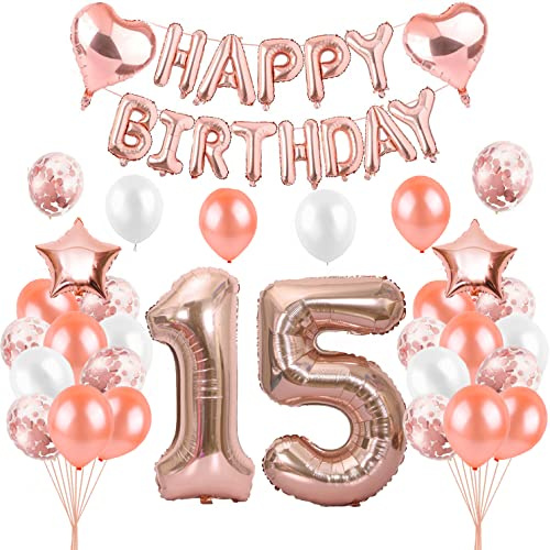 HCRXVV roséguld 15 födelsedag flicka party dekorationsset 15. ballonger födelsedag tonåring flicka grattis på födelsedagen girlang födelsedagsdekoration för 15 år födelsedagsballonger