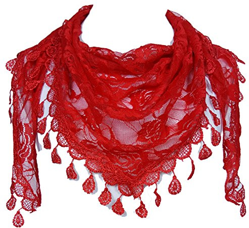 GFM® Women's Triangle Scarf-Spring Summer-Mantilla- with Rose Pattern Tassels & Lace - Red - (88)(TRI-500-VLL)