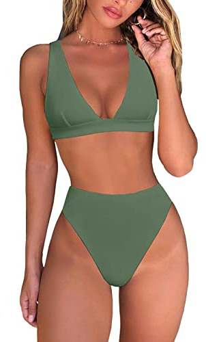 fatty tiger Womens High Waisted Thong Bikini Sets Sexy Brazilian Triangle Top Deep V Neck Two Piece Swimsuit Bathing Suits, Army Green, Medium