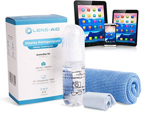 Lens-Aid Bildschirmreiniger für Laptop, Handy, Tablet, Display - inkl. 2X Mikrofasertuch und Displayreinigerspray
