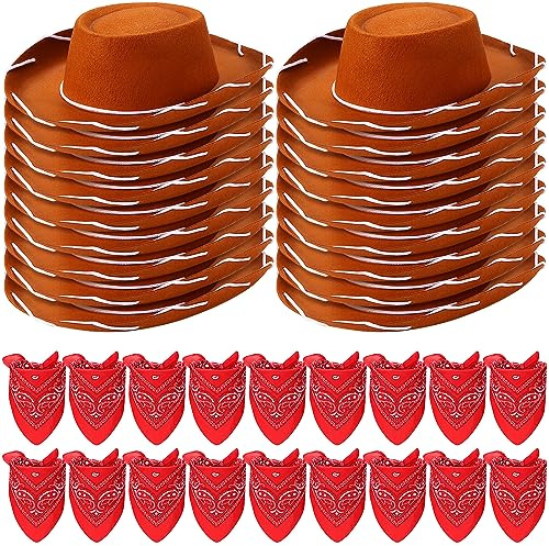 Unittype 18 Sets Cowboy Hats and Bandanas Bulk Kids Western Cowboy Costume Accessories Kids Party Supplies(Brown, Red)