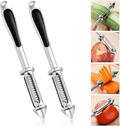 GANPUB 2Pcs Silver All In One Multifunctional Vegetable Peeler, 4 and 1Julienne Peeler, Veggie Peelers for Kitchen, Potato, Pear, Tomato, Cucumber Graters, Peelers and Slicers