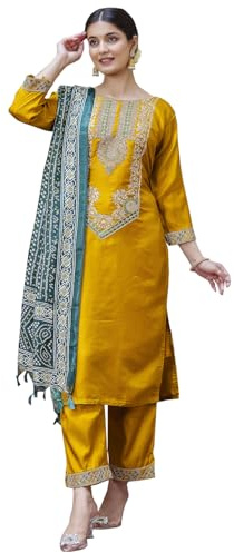 VredeVogel Set di pantaloni kurta in misto seta con Dupatta da donna | Set Kurta da donna etnico casual, Giallo, X-Large