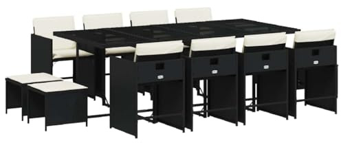 vidaXL Ensemble à Manger de Jardin Coussins 13 pcs, Chaises à Manger avec Accoudoirs, Ensemble de Meubles avec Table, Moderne, Noir Résine Tressée