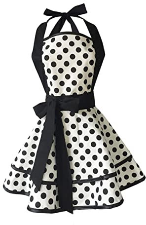 COLLBATH Vintage Kochschürze Aus Baumwolle Verstellbare Schürze Für Damen Doppellagige Küchenschürze Mit Rüsche Für Kochen Und Hausarbeit Weiß Mit Schwarzen Punkten