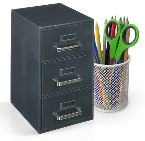 Desktop Mini Filing Cabinet | Business Card Organizer & Storage | Desktop Organizer | 3 Drawers | Gray | 8.75H x 4.5W x 5D inches (Pencil Case Not Included, For Size Reference Only)