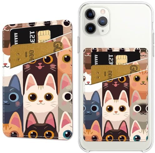 CREATCABIN Tarjetero de Cuero con Diseño de Gatos para Teléfono Móvil, Tarjetero Adhesivo para Tarjetas de Crédito, Adhesivo Doble para la Parte Posterior de la Funda Del Teléfono, Compatible con la M