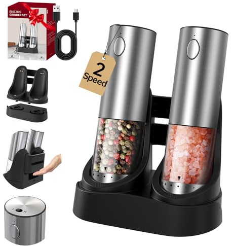 CIRCLE JOY Salt and Pepper Grinder Set with Rechargeable Base, 2 Speeds | Stainless Steel Pepper Mills with Adjustable Coarseness, White LED Light and Easy to Carry Base for Home, Silver