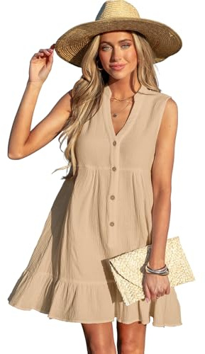 CUPSHE Cache-maillot de bain pour femme, 100 % coton, ourlet à volants, robe de plage boutonnée à col en V, sans manches, mini robe, beige, L