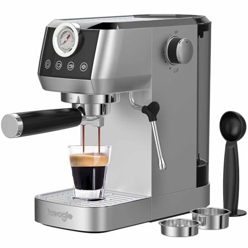 iceagle Espressomaschine CM1665B mit 20 Bar Italienischer Pumpe - Espresso Siebträgermaschine Edelstahl | Kaffeemaschine Espresso für Cappuccino, Latte, Touchscreen mit Druckanzeige, 1.3L Wassertank