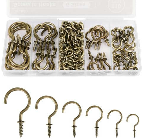 RELBRO Screw Hooks, 6 Sizes Metal Screw in Cup Hooks, 1/2 Inch, 5/8 Inch, 3/4 Inch, 7/8 Inch, 1 Inch, 1-1/4 Inch, Bronze, 110 Pcs