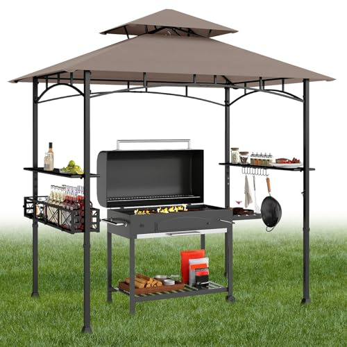 RELAX4LIFE Tonnelle Barbecue Exterieur | Auvent Abri Barbecue | 2 Tablettes de Service | Toit Ventilé | Grand Panier | Crochets | Ouvre-Bouteille | Tonnelle de Jardin Extérieur pour Terrasse Patio